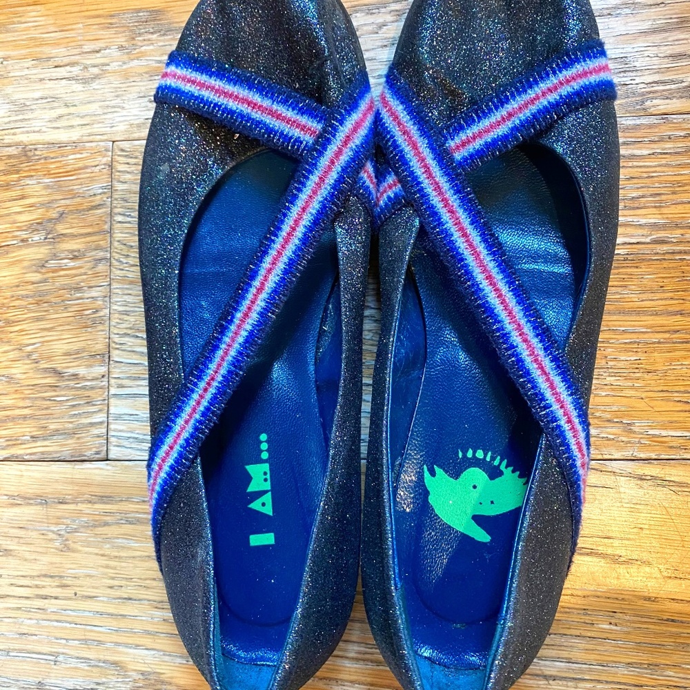 black/charcoal glittery slip on flats with blue/black/red elastic straps size 38